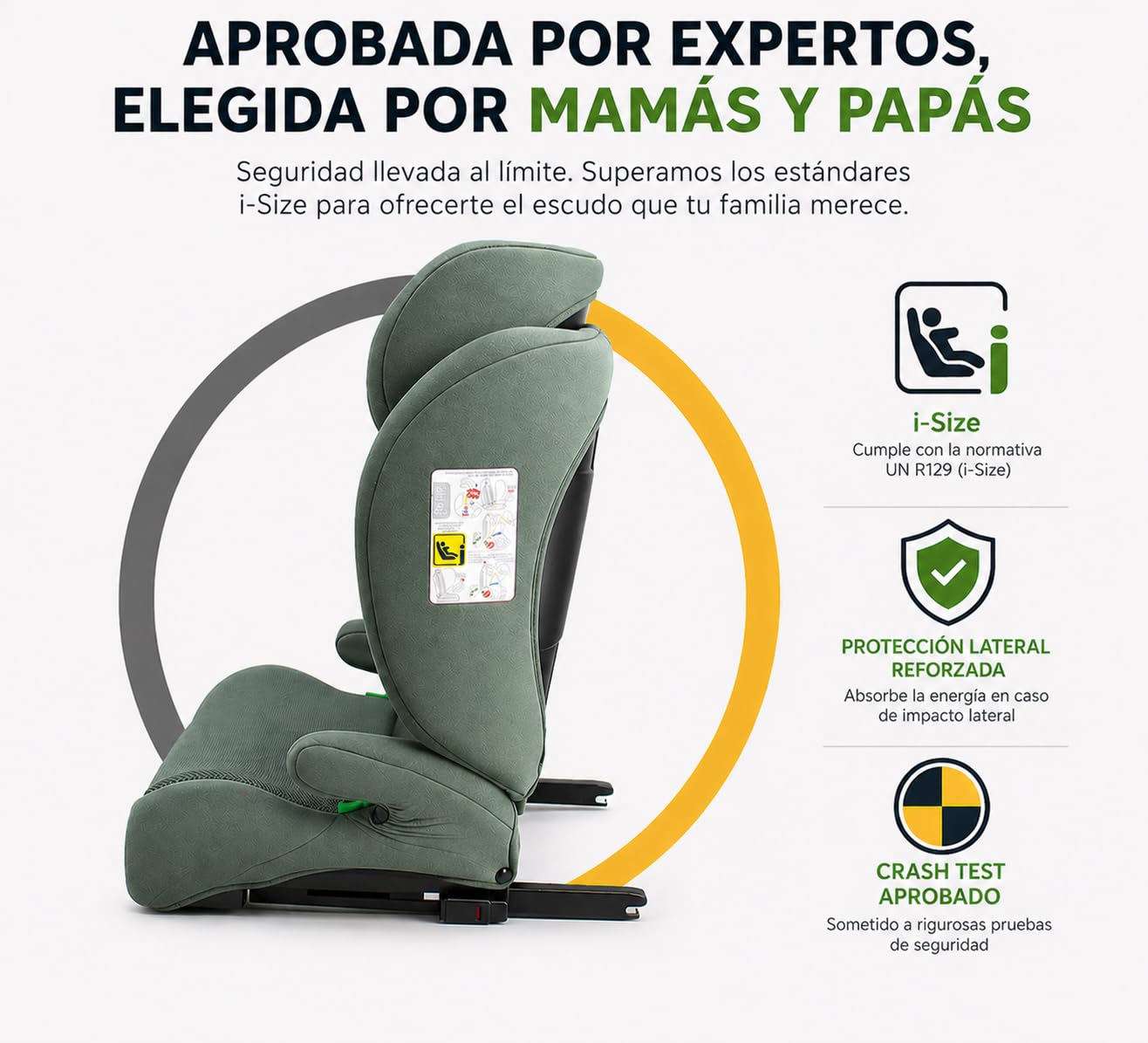 First Step Explorer Fix Silla Coche Niño i-Size (100-150 cm), Grupo 2/3 ISOFIX, Reposacabezas 13 Posiciones, Reclinable, Protección Lateral SPS, De 3,5 a 12 Años, Convertible en Alzador, Verde