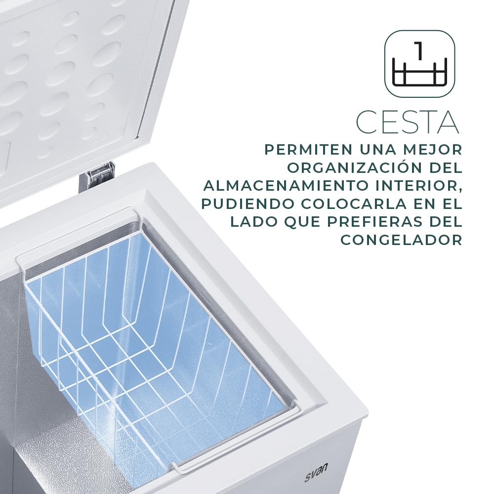 Svan Congelador horizontal Blanco SCH1501EDC. Capacidad 142 Litros, Dual Cooling, 1 Cesta, Bajo nivel Sonoro, Eficiencia Energética Clase E [Clase de eficiencia energética E]