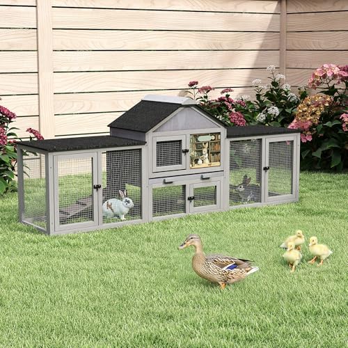 Kaninchenstall 3-teilig Grau, Winterfester Außenstall mit Schublade – Aus Fichte, verzinktem Draht & Dachpappe für Kaninchen & Kleintiere – 207.5x47x82.5 cm