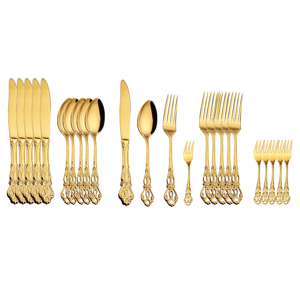 zestaw sztućców, Zestaw sztućców ze srebra, 24 szt. stali nierdzewnej Naczynia obiadowe Western Food Royal Tableware Christmas Fruit Widelce Noże Łyżeczki do kawy(Gold With Fork)