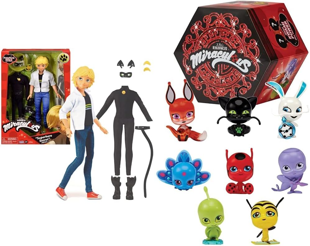 Miraculous Ladybug Superhero Secret Fashion Doll Cat Noir Adrien Costume Change Toy & Bandai Ladybug And Cat Noir Kwami Surprise Box With Figurine