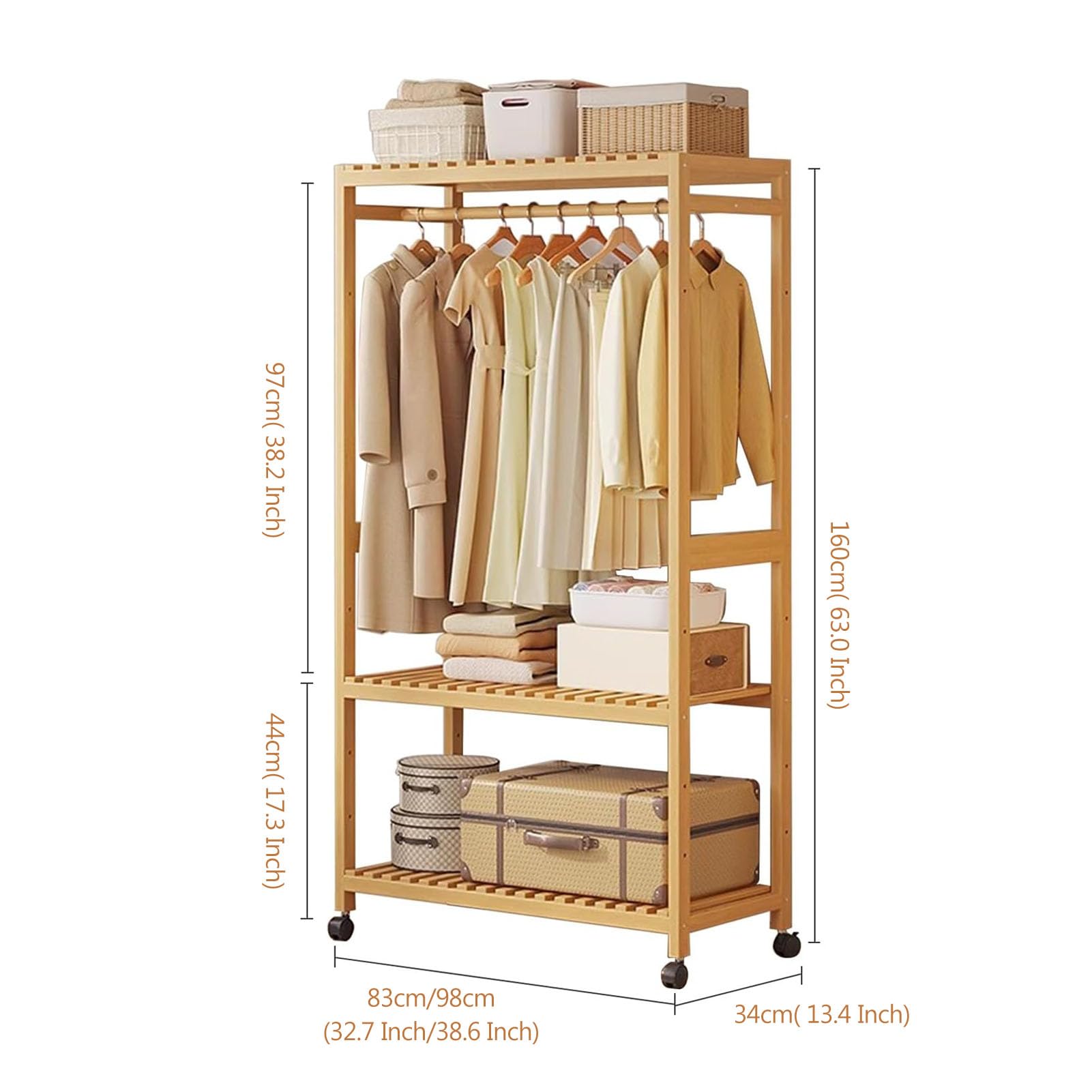 Stand Appendiabiti In Bambu con Piu Scaffali & 4 Ruote, Multifunzionale Appendiabiti, Portata Fino A 100 Kg, Salvaspazio Appendiabiti Da Terra per Camera Da Letto Soggiorno Corridoio