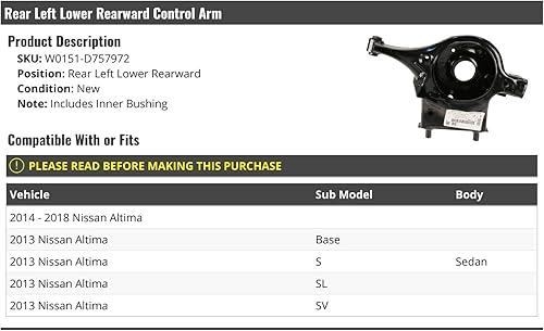 Miniatura 2 de Brazo de control trasero izquierdo del lado del conductor inferior con buje interior, compatible con Nissan Altima Sedan 2013-2018