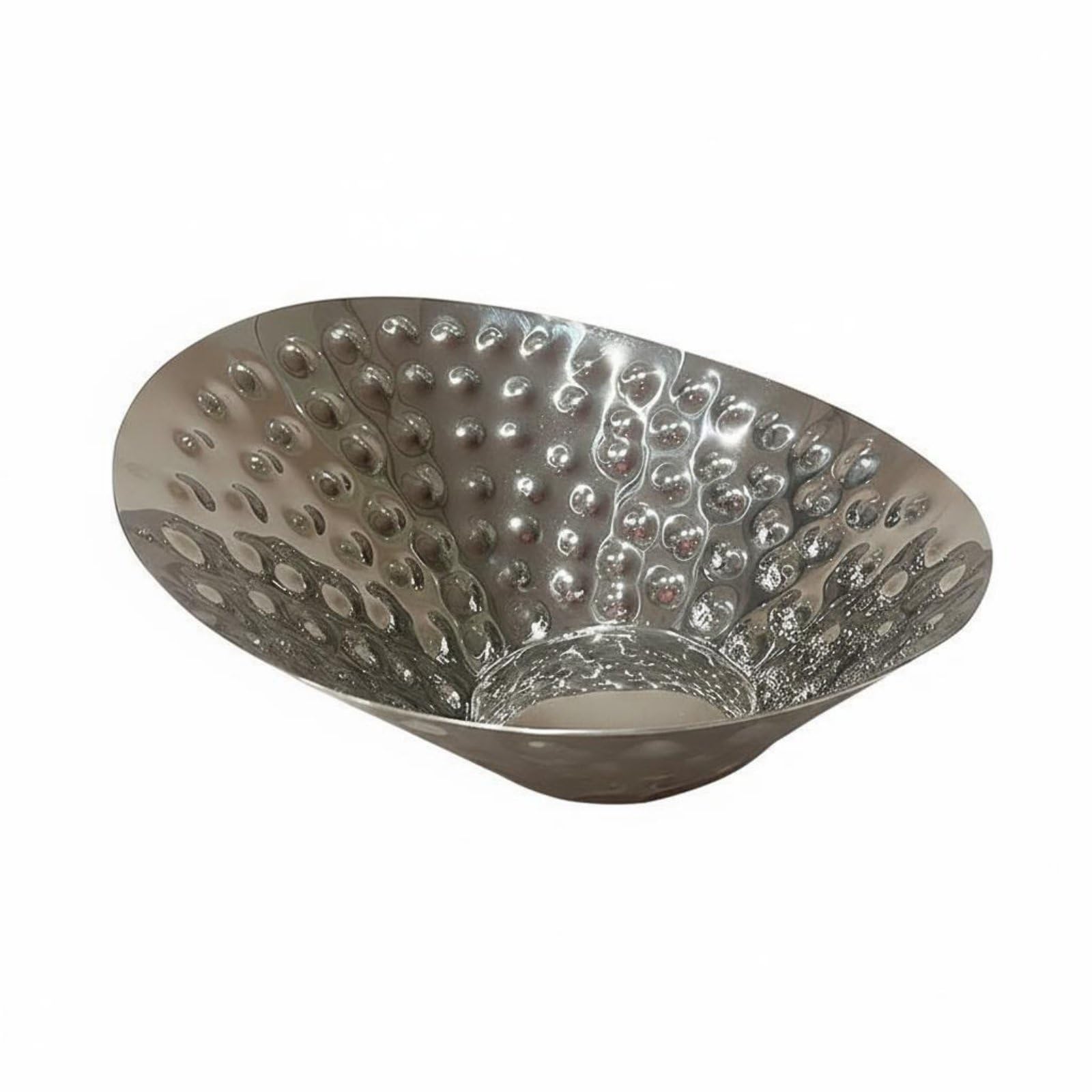 Cuenco Industrial Frutero Ensaladera Tazón Fuente para Servicio en Acero Inoxidable Martillado con Diseño Inclinado y Abertura Amplia para Mostrado, Grande, Martillado Inclinado