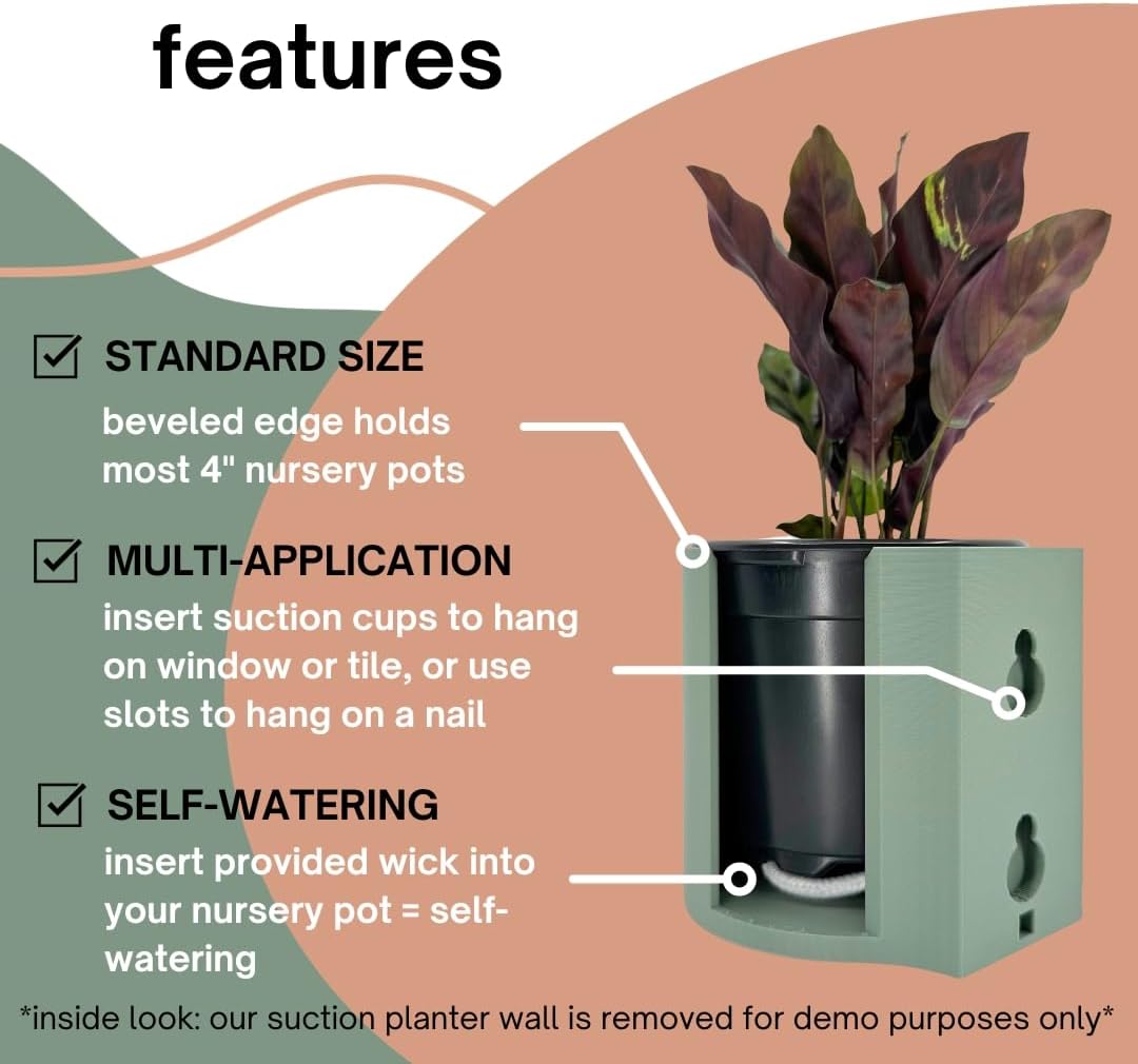 | The Original Suction Planter | Hangs on Tile, Window, Drywall, Fridge, etc. | Self-Watering and draining | Holds 4" Nursery Pot | 3D Printed (Fossil Grey, Single)