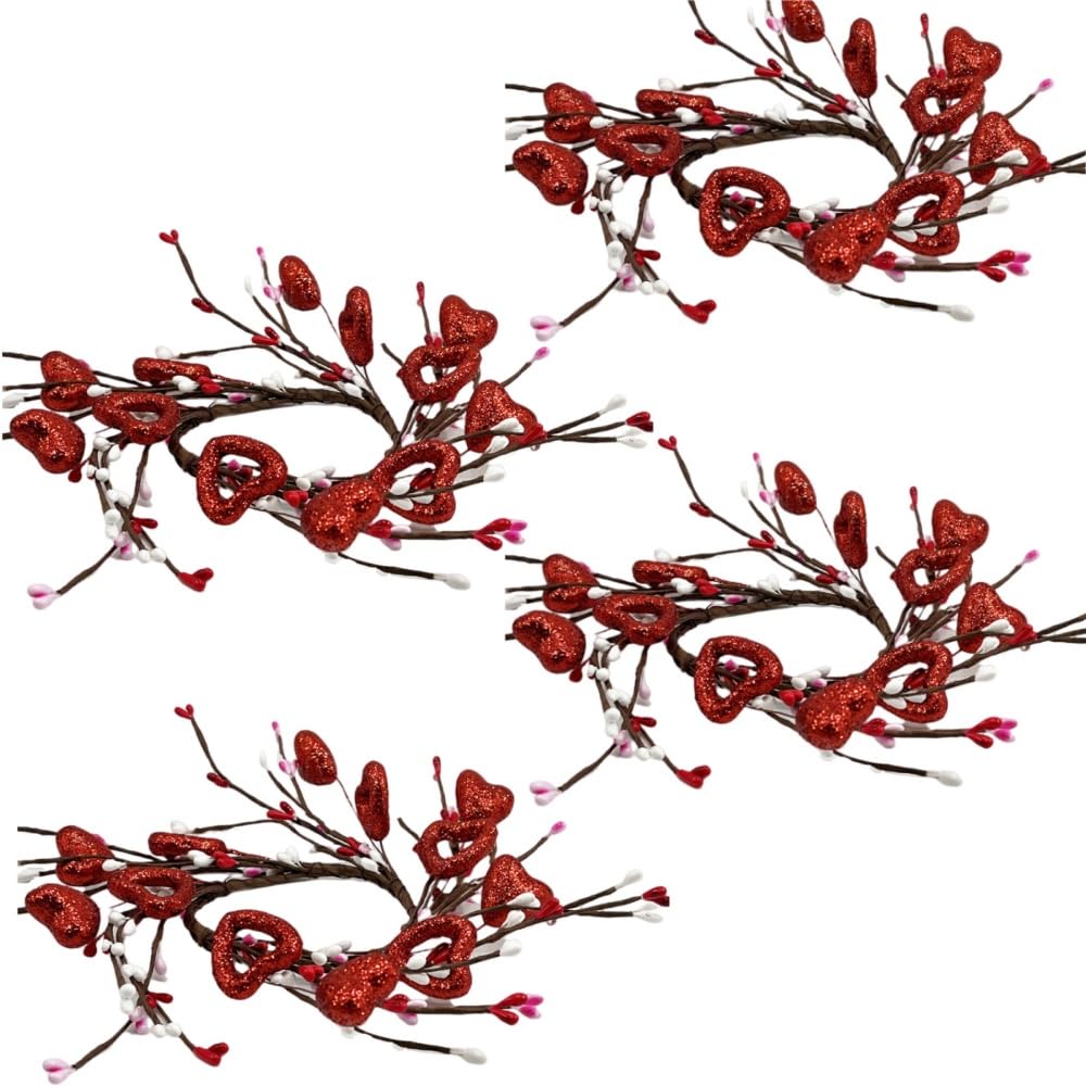 4-Pack Glitter Red Heart & Berry Candle Wreath Rings - 10" Diameter, For Valentine's Day, Weddings, Table Centerpieces - View #7