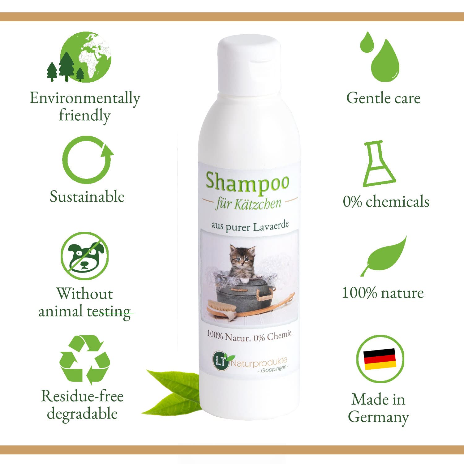Shampooing pour chaton | bio | soin doux pour les petits chatons sans produits chimiques & savon | anti-démangeaisons | hypoallergénique | avec de la lave blanche originale | 250 ml