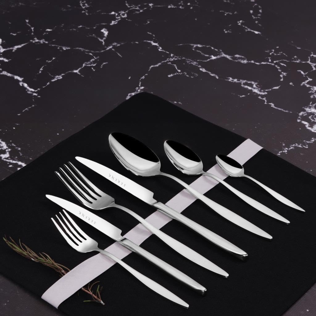 Stainless Steel Cutlery Set, Modern Silverware Flatware Set for Dining, Kitchen Utensils with Forks, Knives and Spoons, Dishwasher Safe (Milan) (42)