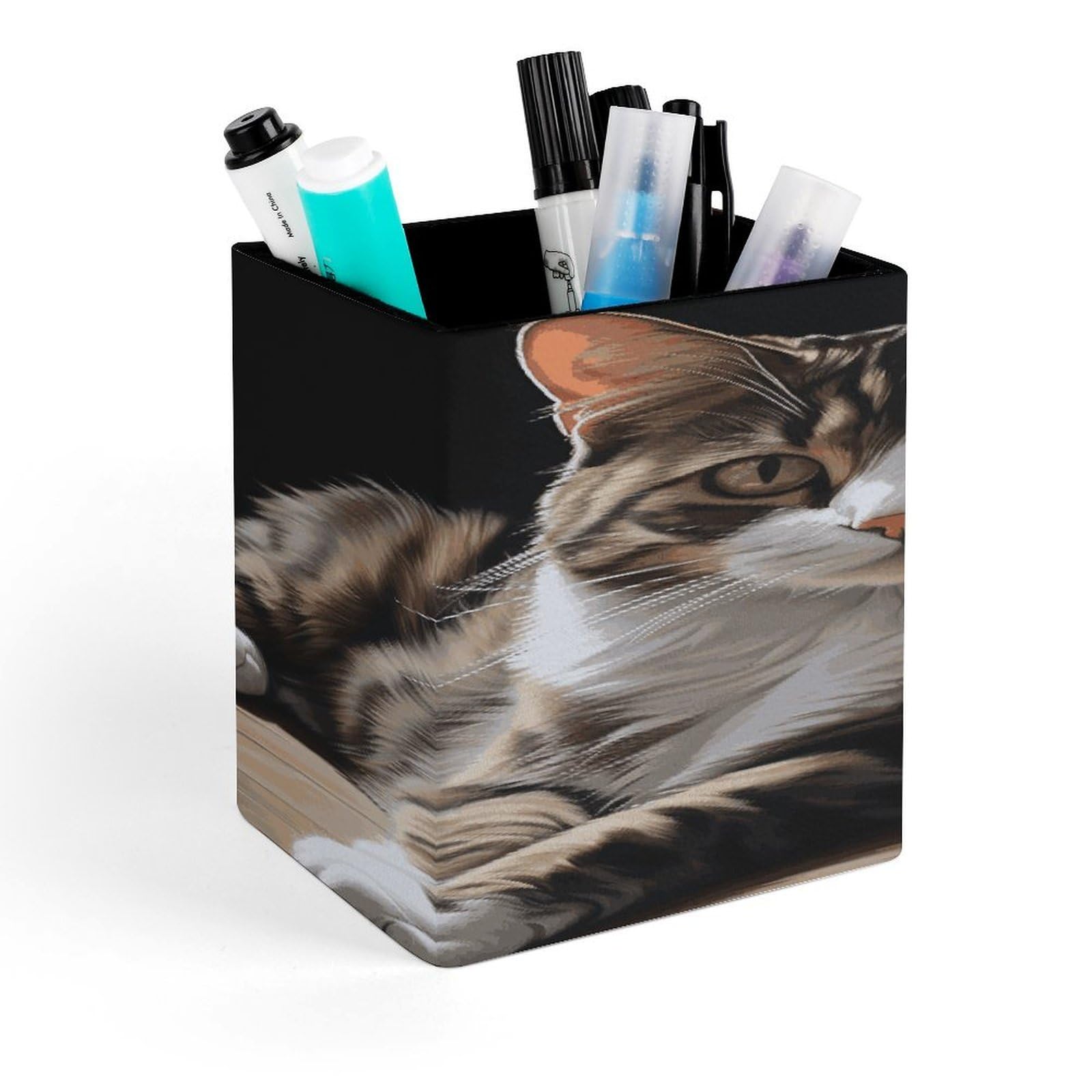 FekiLoot Tabby Cat Pen Holder Personalized Desktop Pencil Holders Case Office Accessories Container Box for Square Pen Cup Desktop Organizer Makeup Brush Holder Caddy Storage