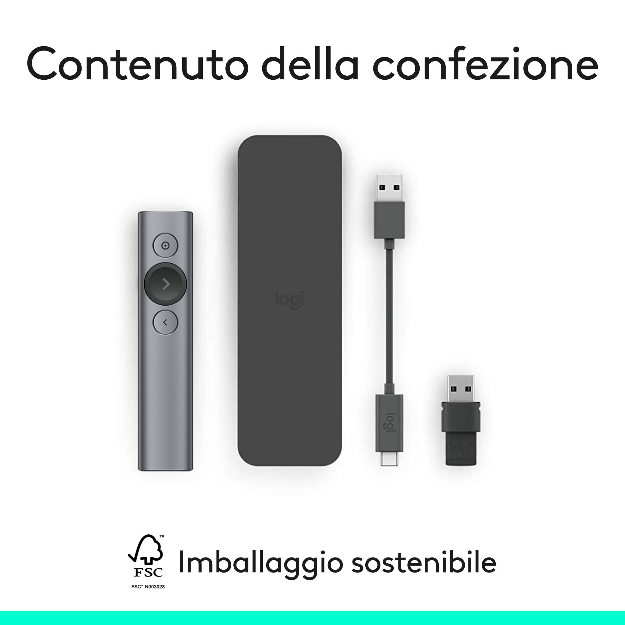 Logitech Spotlight Presenter, Puntatore Laser per Presentazioni Wireless, 2,4 GHz e Bluetooth, ‎Ricevitore USB, Puntatore Laser Digitale, Portata 30 Metri, Timer, PC/Mac/Android/iOS - ‎Grigio