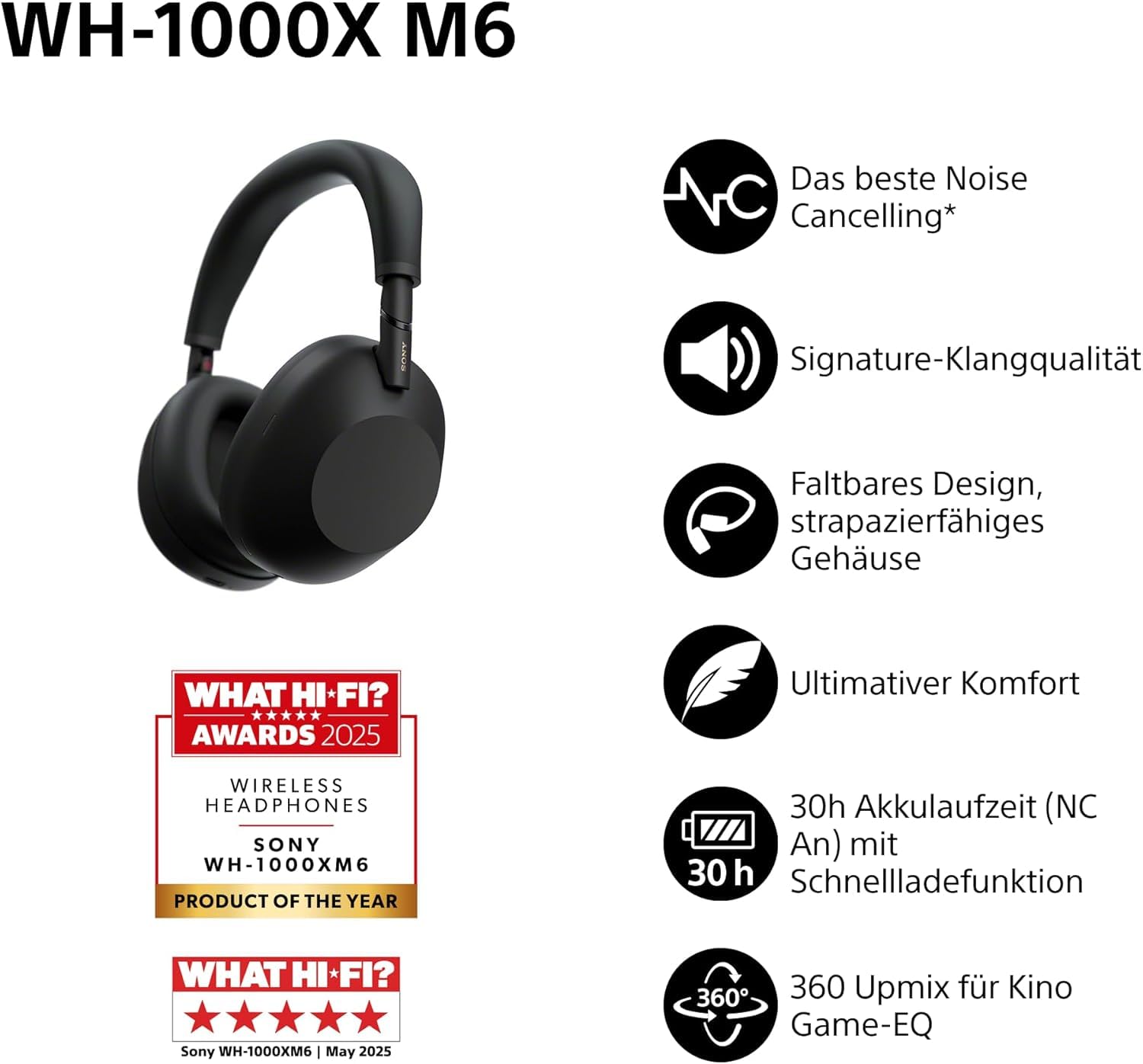 Sony WH-1000XM6 Noise Cancelling Kopfhörer, 30h Akku, Schwarz Ansicht 2