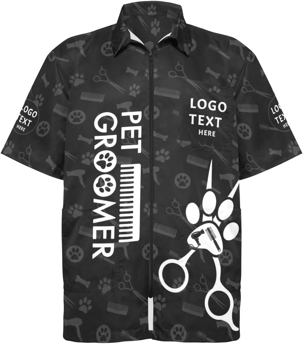Custom Dog Pet Grooming Jackets with Logo Text, Personalized Pet Groomer Waterproof Smocks Workwear with 3 Pockets
