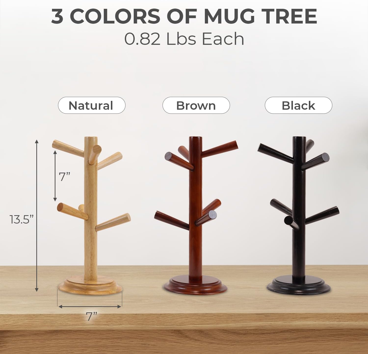 Mug Tree Set of 2 | 13.5"x7"x7", 6 Hooks Cup Holder with Thick Rubberwood Base, Wooden Coffee Mug Holder Stand for Countertop, Kitchen Table, Cup Organizer Rack for Mugs or Utensils
