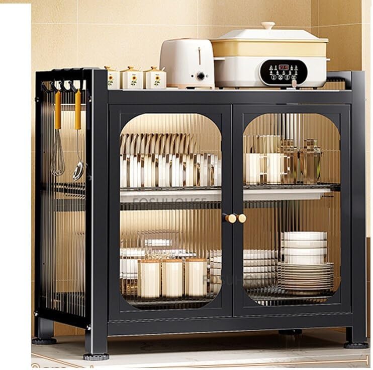 Carbon Steel Kitchen Storage Rack Drain Dishware Storage Rack Countertop Storage Cupboard With Door Multifunctional Bowl Chopsticks Storage Box Kitchen Countertop Plate Organizer (Black)