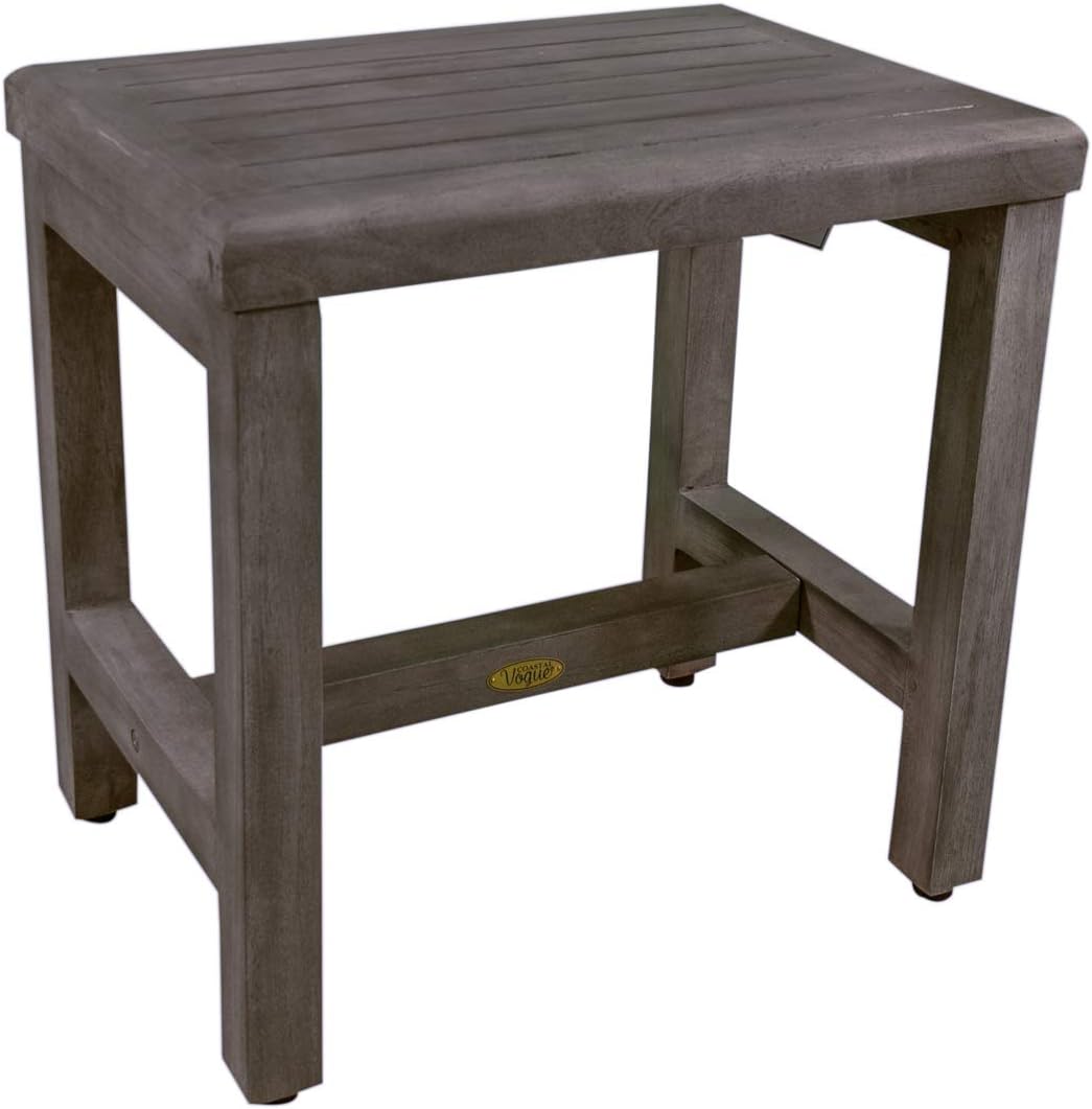 CoastalVogue 18 Inch Gray Waterproof Teak Wood Shower Bench Stool Seat Chair for Inside Shower Provides Safety, Storage, and Organization for Bathroom Accessories