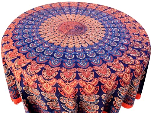 Image of Dining Round Tablecloth 100% Cotton Multicolor Floral Bird Printed 4-6 Seater Round Table Cover with White Fringed Lace Border 75 inch (Blue Multi- RHF-5007)