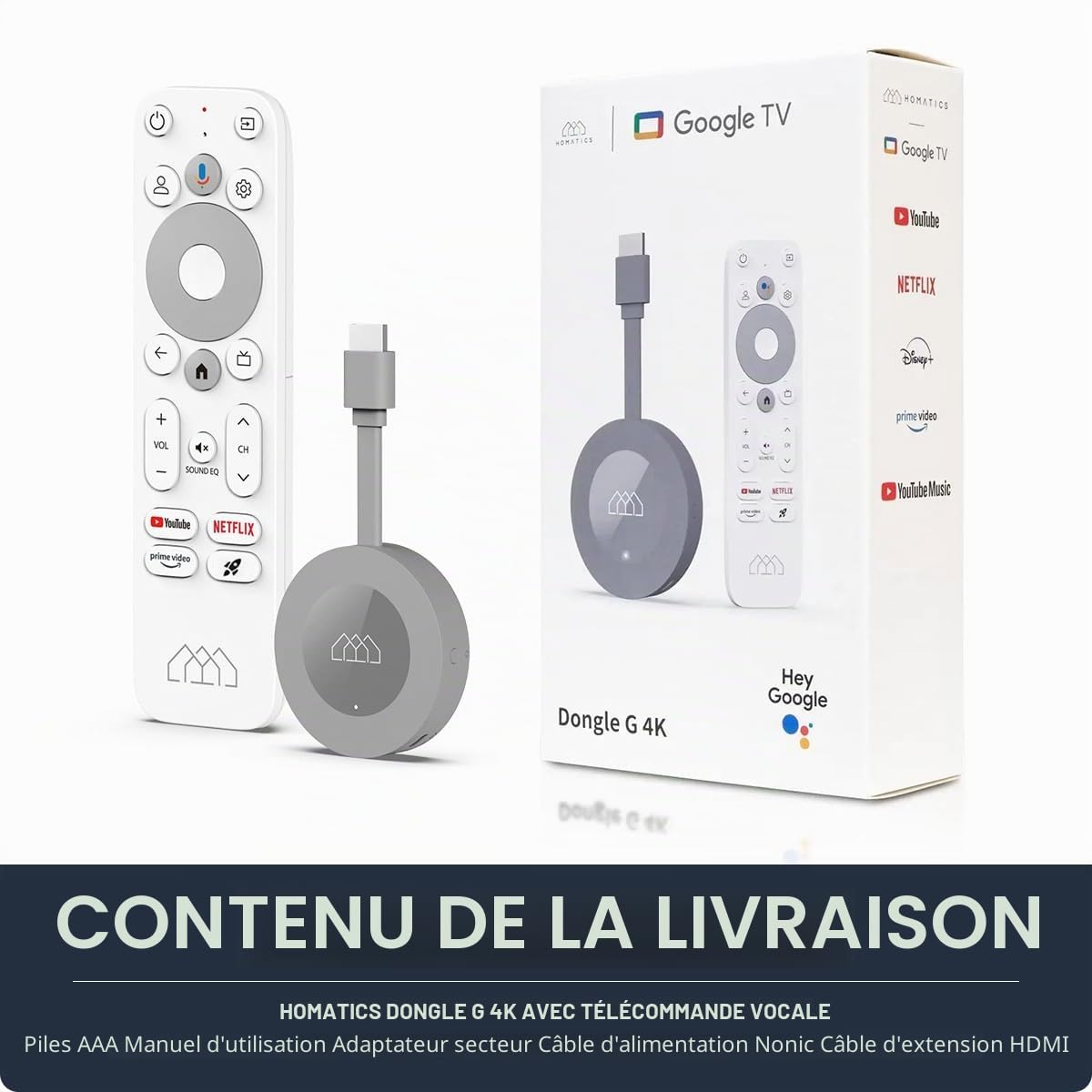 [Test très bien, note 1.1*] Homatics Dongle G 4K | Certifié pour Netflix & Google TV | Clé TV WiFi LAN Chromecast intégrée avec Google Assistant Télécommande vocale pour téléviseur et Smart TV