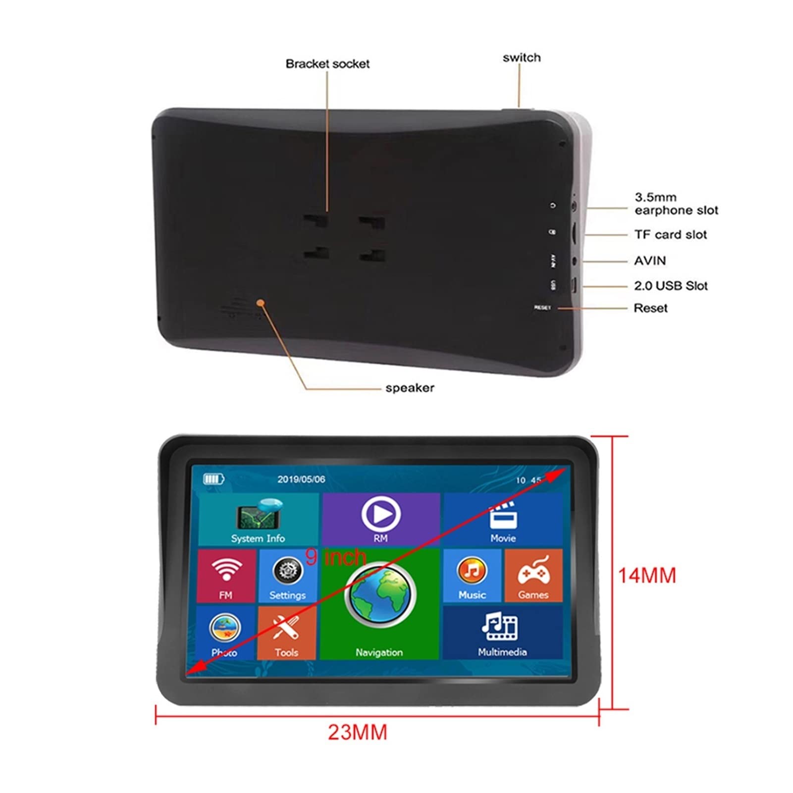 GPS pour Voiture, Écran Tactile de 9 Pouces GPS Navigation avec des Cartes gratuites 25 6m + 8 Go Navigateur Voiture Video Player Caméra arrière(Without Bluetooth)