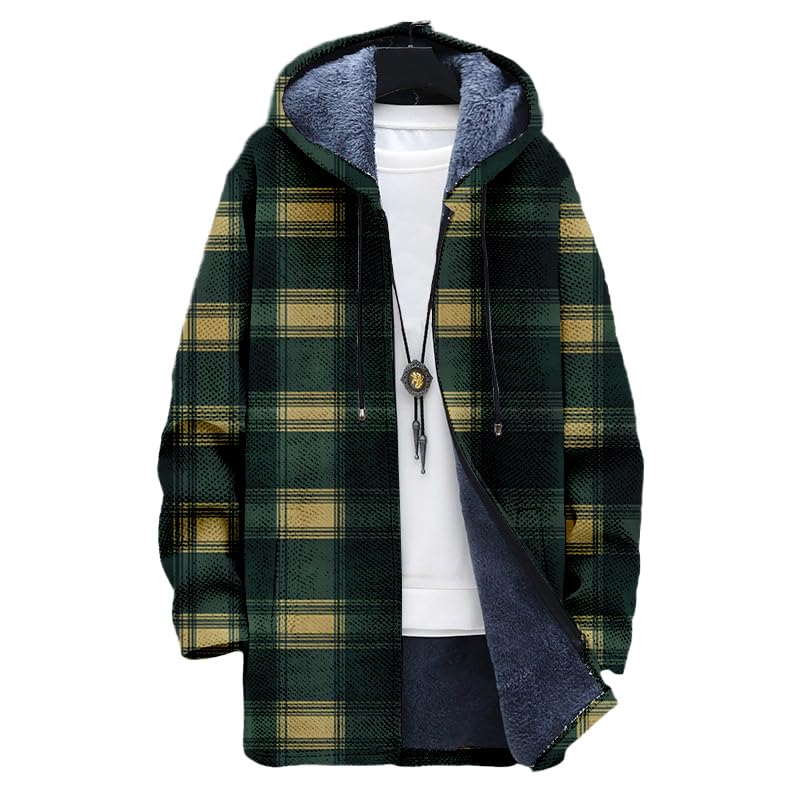 Oversized Plaid Coat for Men Zip Up Hoodie Sherpa Lined Fleece Jacket Soft Warm Winter Coat with Hood and Pockets