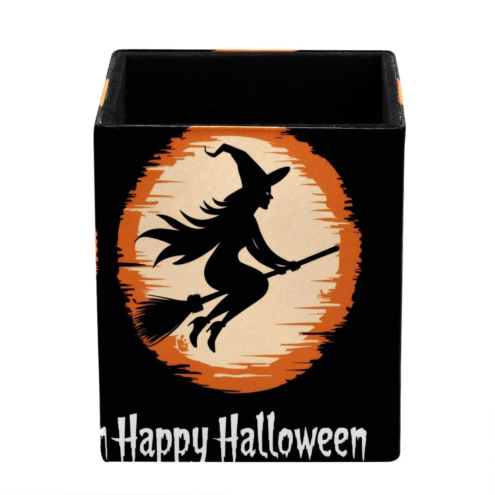 XingFox Happy Halloween Witch Pen Holder for Desk Deco, Sqaure PVC Leather Pencil Cup for Desk Pen Organizer, Makeup Brush Holder for School, Home, Office