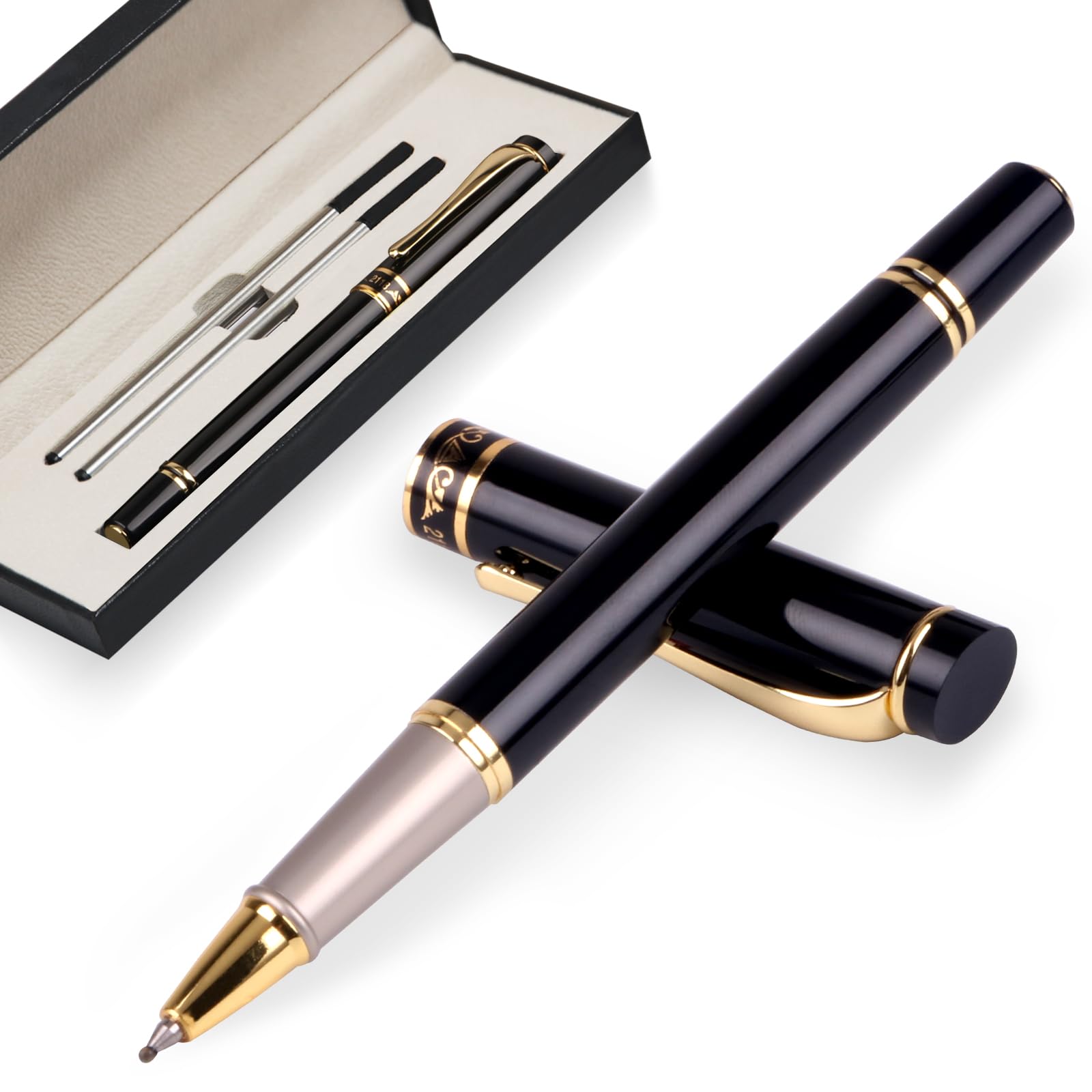 Luxuriöse Gel-Kugelschreiber, personalisierbar, schwarze Tinte, Set mit 2 austauschbaren Metallminen, ultraglattes Schreiberlebnis, perfekt für Geschenke, Geschäft, Büro