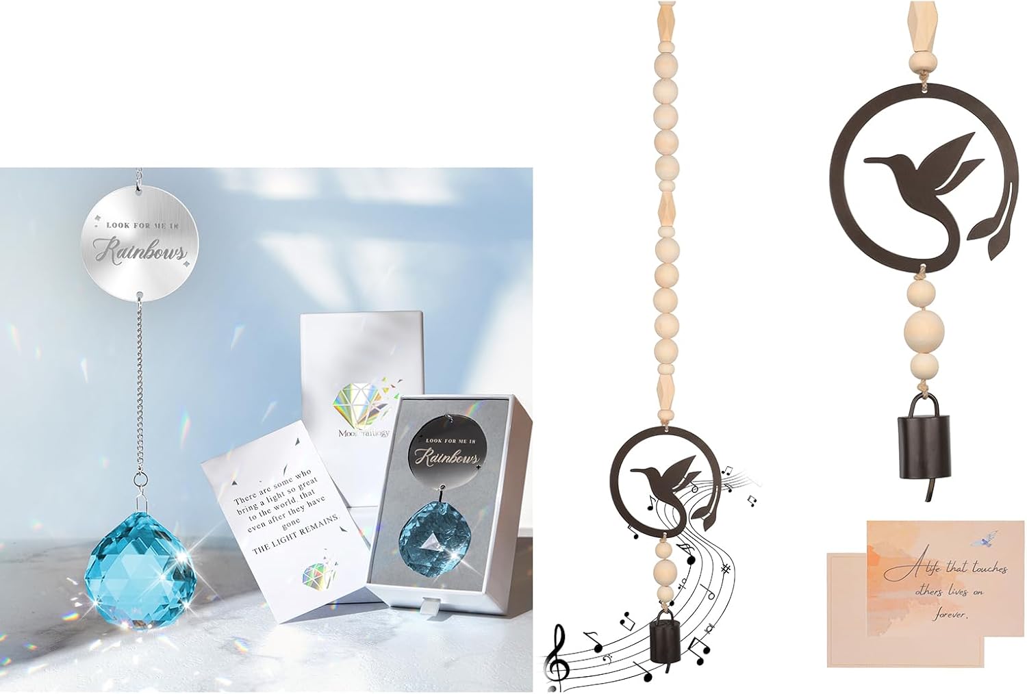 Memorial Car Charm – "I'll Look For You In Rainbows" With Angel Wing, Family Member Heart & Rainbow Beads