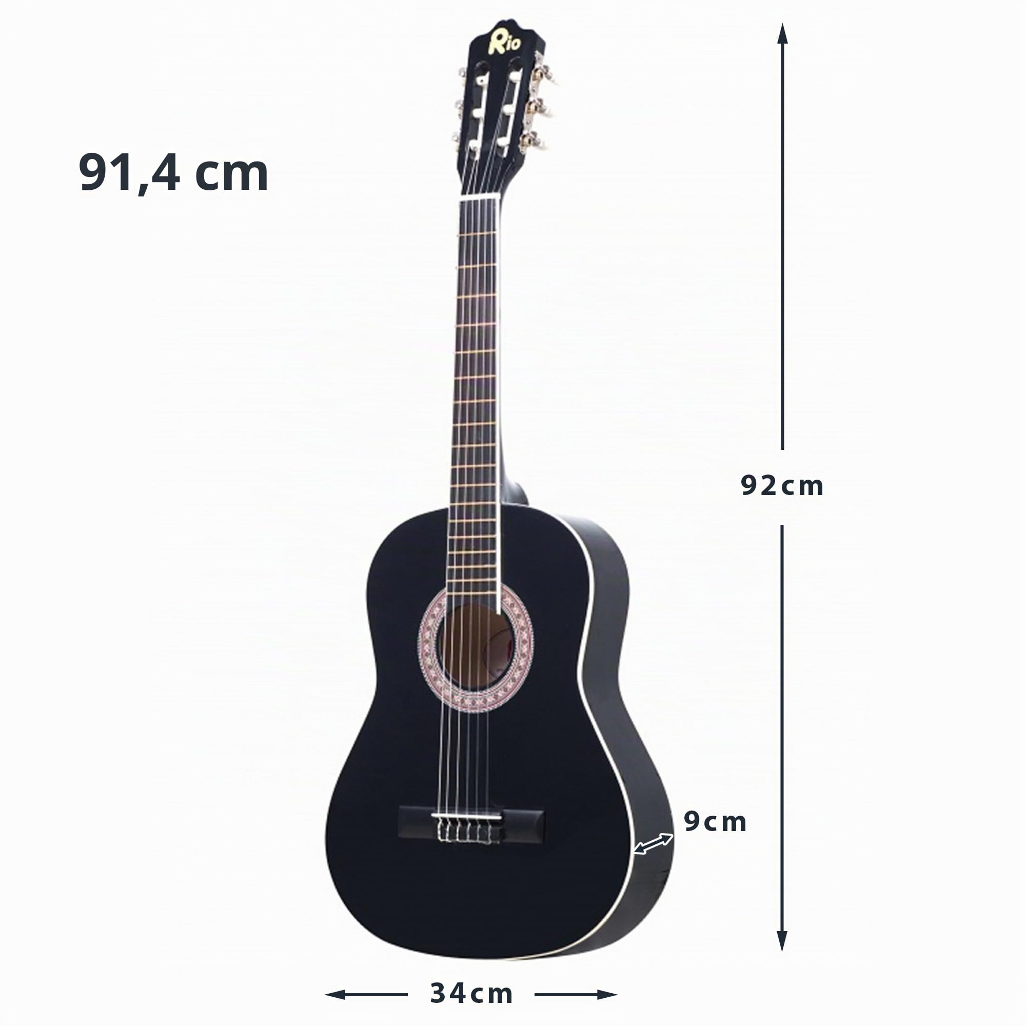 Rio Lot de guitare classique 3/4 pour débutants – Convient pour les enfants de 9 à 12 ans – Avec sac, sangle, médiators, tuyaux – Noir