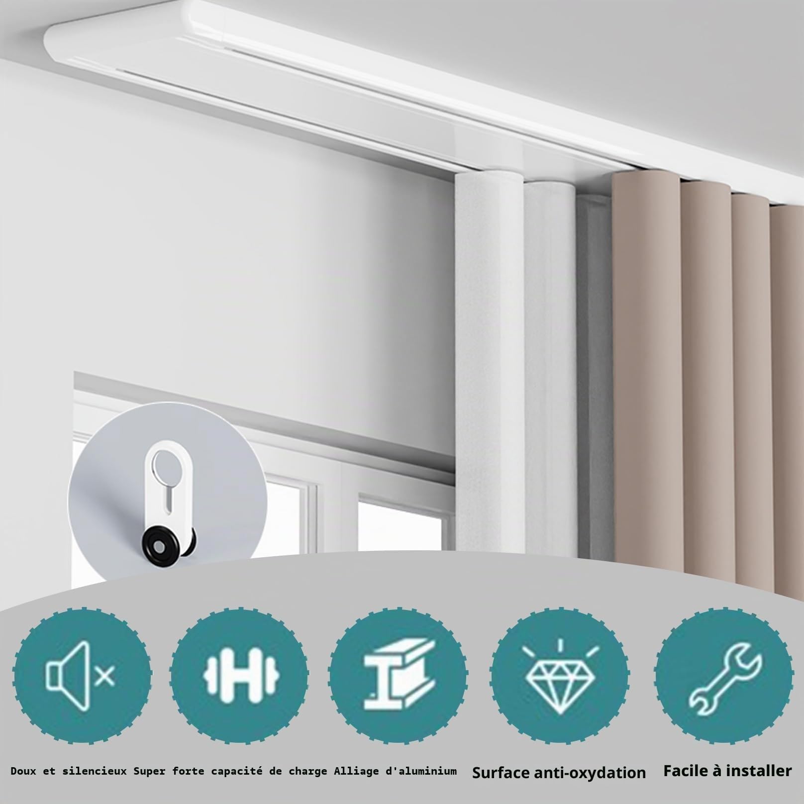 Rail rideaux plafond silencieuse à rails à double rangée, tringle a rideaux rails de rideau pour rail plafond, séparation de pièce pour salon chambre à coucher ou hôpital, facile à installer(Wit,2.5m(