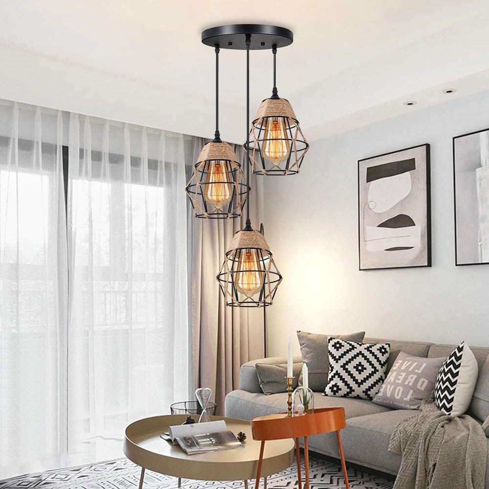 Lampy wiszące do sypialni 3-Light Fixtures Farmhouse Wiszące oświetlenie wiszące Industrial Vintage Wiszące światło Czarna metalowa klatka wisząca do kuchni Wyspa Jadalnia