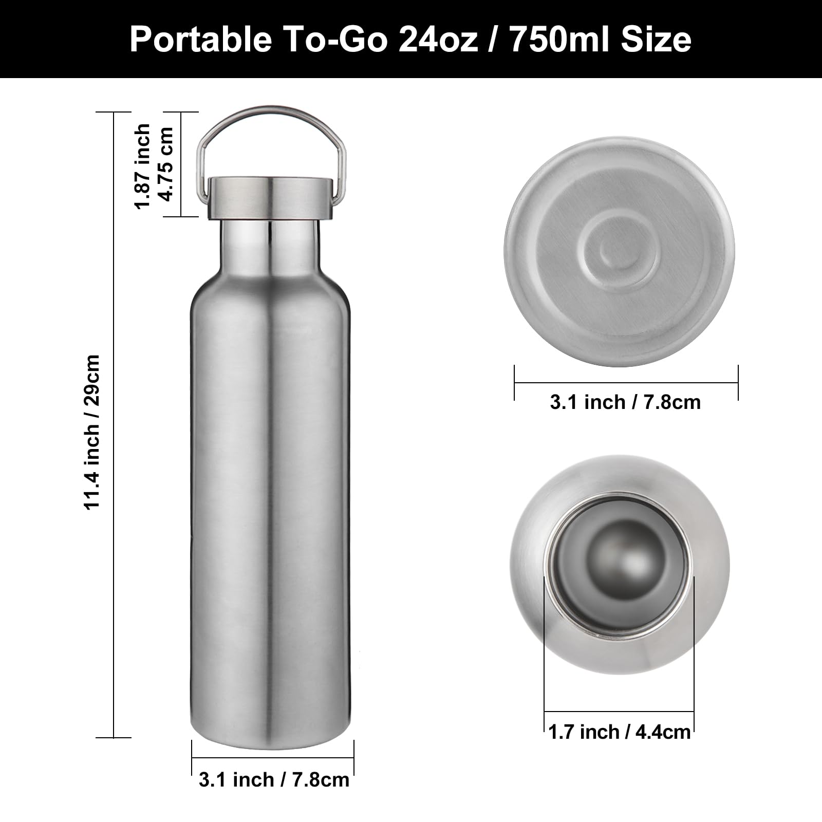 Volhoply Botella de agua aislada de boca ancha de 24 onzas, paquete de 2 botellas de agua de acero inoxidable 304 18/8 de doble pared aislada al vacío, termo de metal reutilizable para escuela