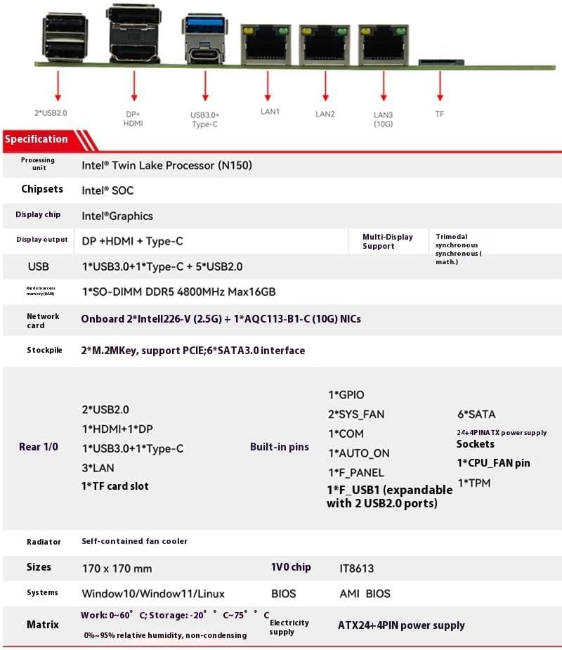 1 * 10G 2*i226-V 2.5G 3LAN Intel Niska moc N150 Płyta główna NAS 6-Bay 6*SATA3.0 2*M.2 NVMe 1*DDR5 Soft Router Firewall ITX Płyta główna