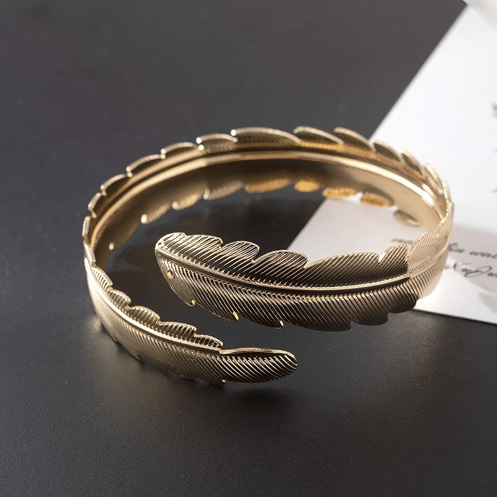 HUNO Minimalist Metal Punk Spiral Coil Upper Arm Cuff Open Arm Bracelet Armlet Adjustable Hammered Wrap Armband Bangle for Women (leaf gold 2pcs) - Image 5