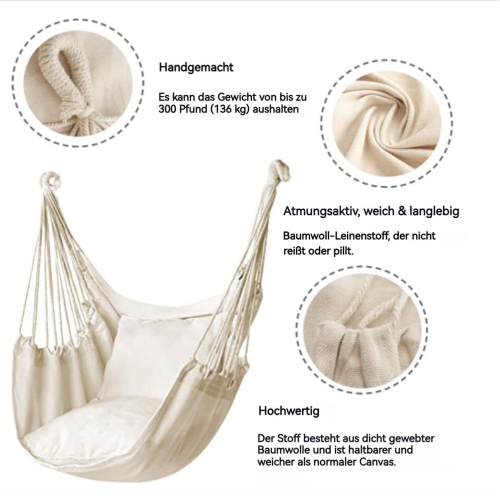 Fauteuil suspendu en coton durable pour jardin, balcon, chambre à coucher, intérieur et extérieur, avec coussin de siège, coussin et sac de rangement (blanc)