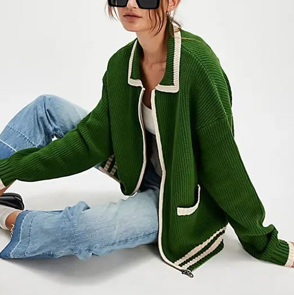 CHARTOU Casual Knit Zip Up Sweater for Women 2025 Fall Outfits Contrast Trim Open Front Cardigan Sweater Outwear Coats - Image 2