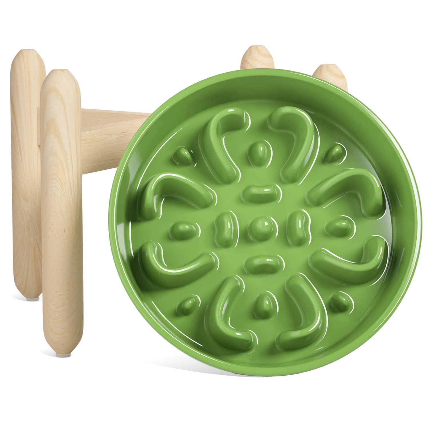 LE TAUCI Elevated Dog Bowls Slow Feeder, 3 Cups Raised Dog Bowl with Wooden Stand for Medium Large Breed, Dog Dishes to Slow Down Eating, Puzzle Dog Food Bowl,Clover Green