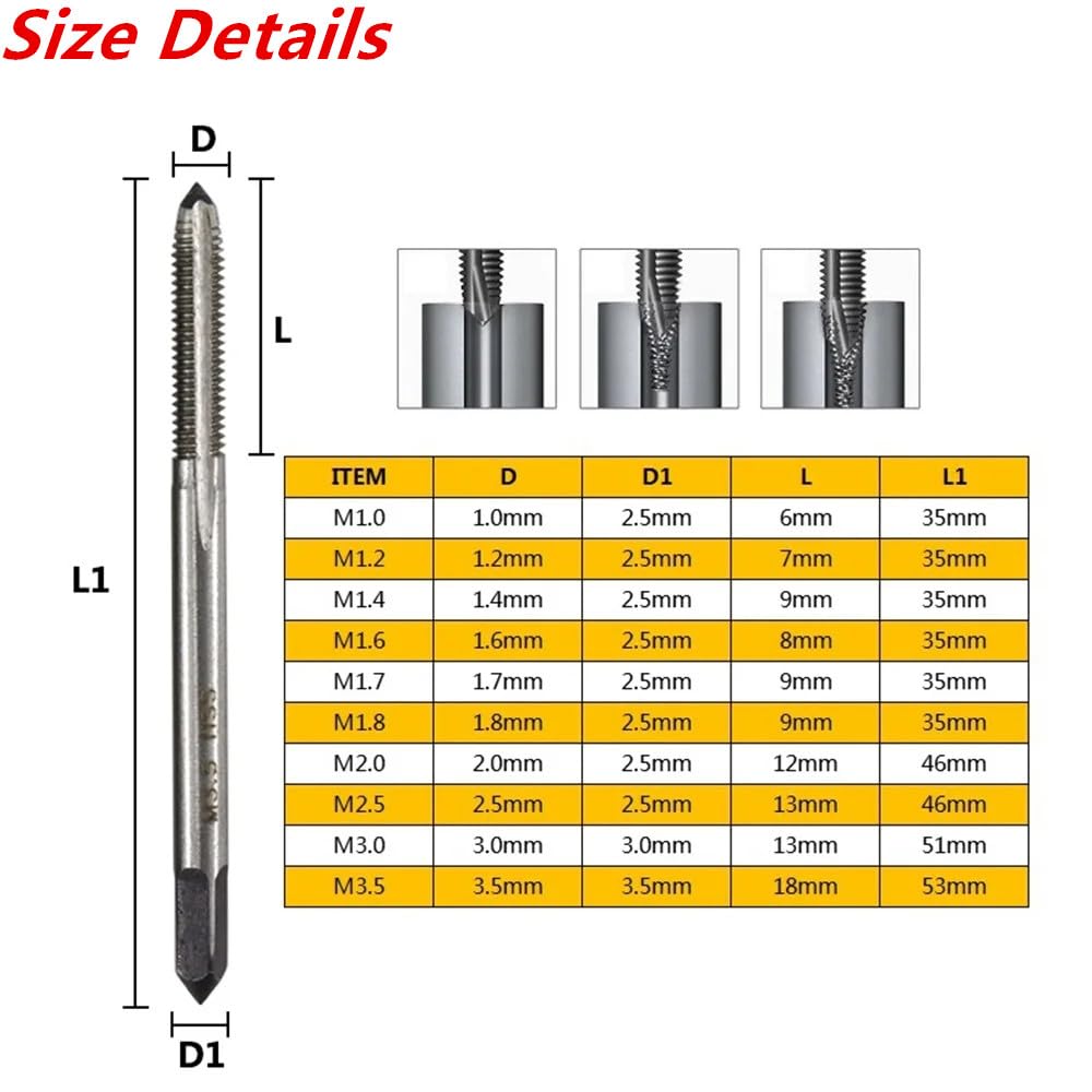 Set Maschi Filettati 10 Pezzi M1-M3.5 - Per Filettatura Dadi E Fori, Acciaio Ad Alta Velocità - Foto 6