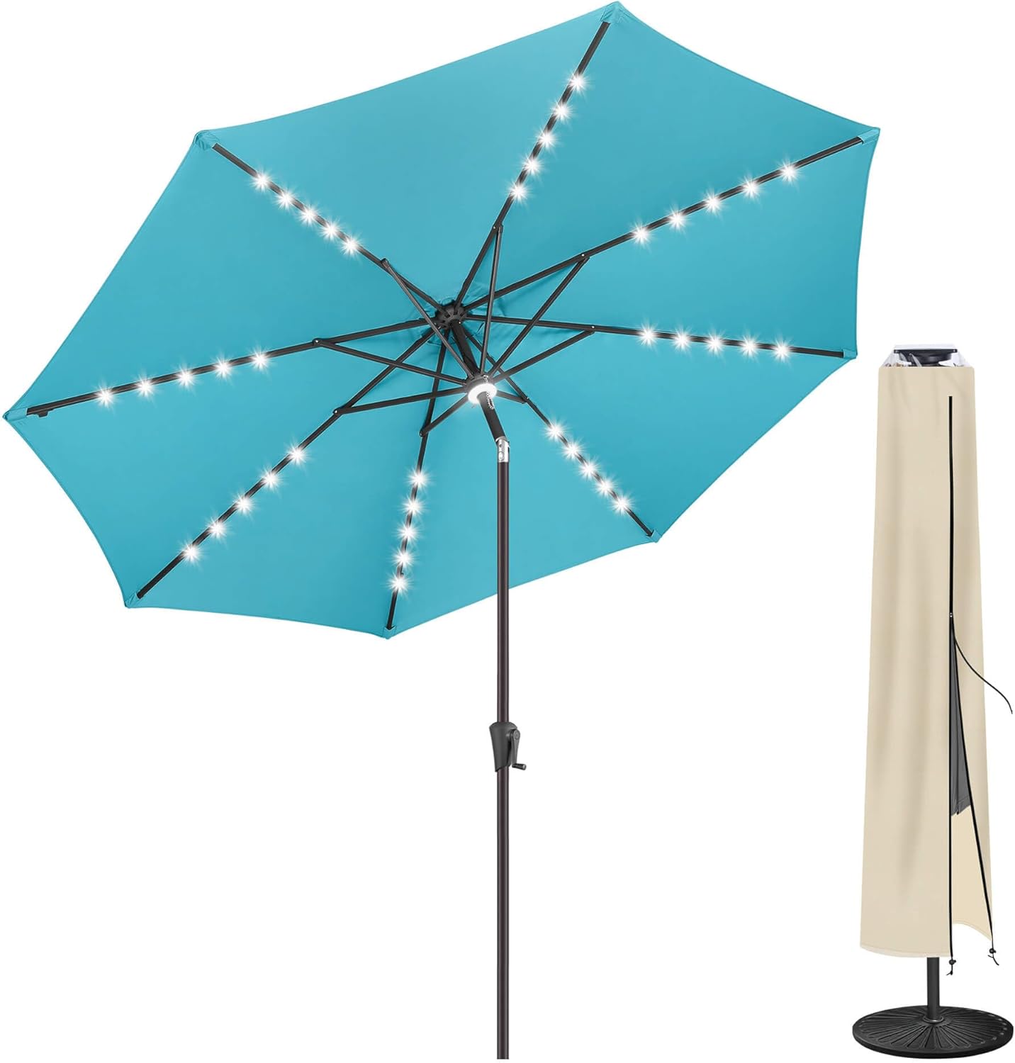 FLAME&SHADE 9ft Patio Umbrella with Cover Set, Outdoor Umbrella with LED Lights, Patio Umbrella Cover for 7.5 ft 9 ft 10 ft 11 ft (Beige)