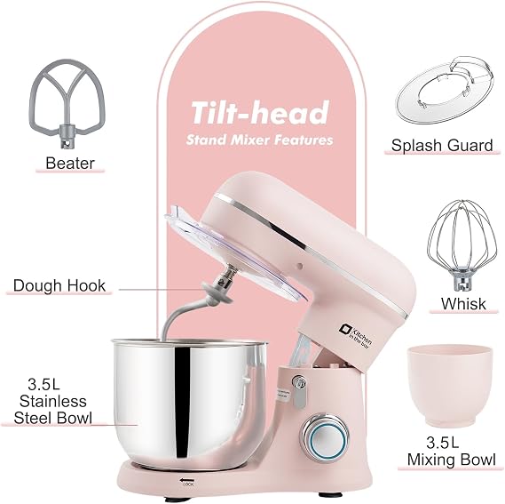 Kitchen in the box Small Stand Mixer, Mini Food Mixer for Baking with Two 3.5L Bowls, Dough Hook, Whisk, Beater, 10 Speed Settings Portable Lightweight for Daily Use (Rose Pink)