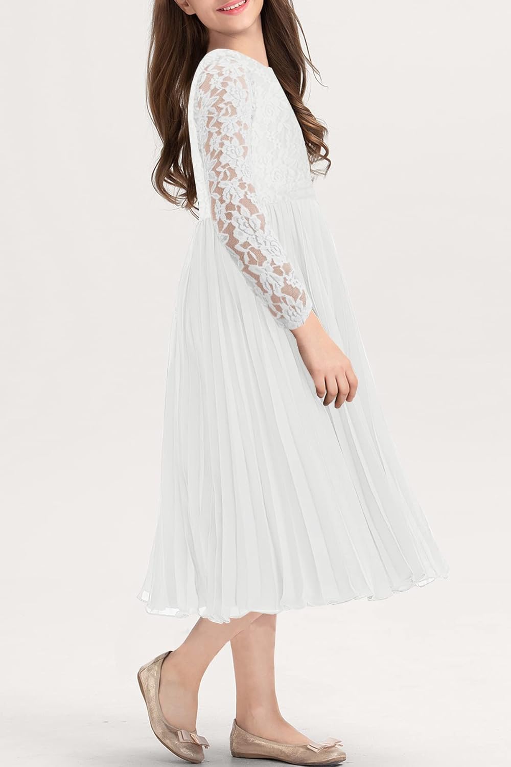 HOSIKA Flower Girl Dress Elegant Vintage Lace 3/4 Sleeve A-Line Pleated Formal Wedding Party Dress - Image 4