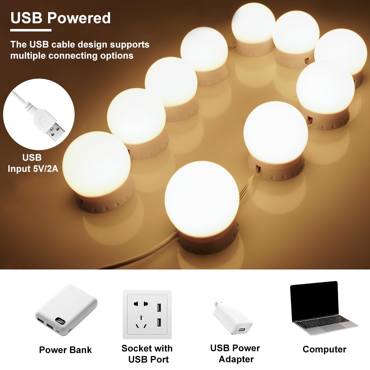 Bombillas para Espejo de Tocador 10 Bombillas de Maquillaje Regulables 3000K/4000K/9000K Temperatura de Color Ajustable Palo Alimentado por USB Encendido