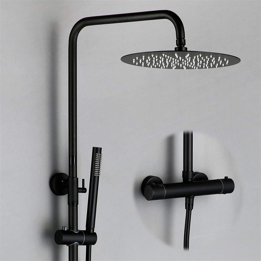 Set Rubinetto Doccia termostatico per Bagno, Nero/Cromo, Rubinetto a Pioggia, Miscelatore deviatore in Ottone, doccetta Manuale, soffione Doccia da 8-12" a Parete A.Black-8 inch