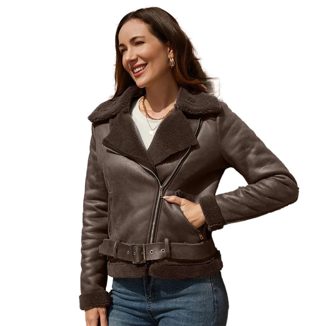 Giacca invernale da donna in pelle spessa con pelliccia integrata calda giacca in pelle scamosciata con cintura e risvolto