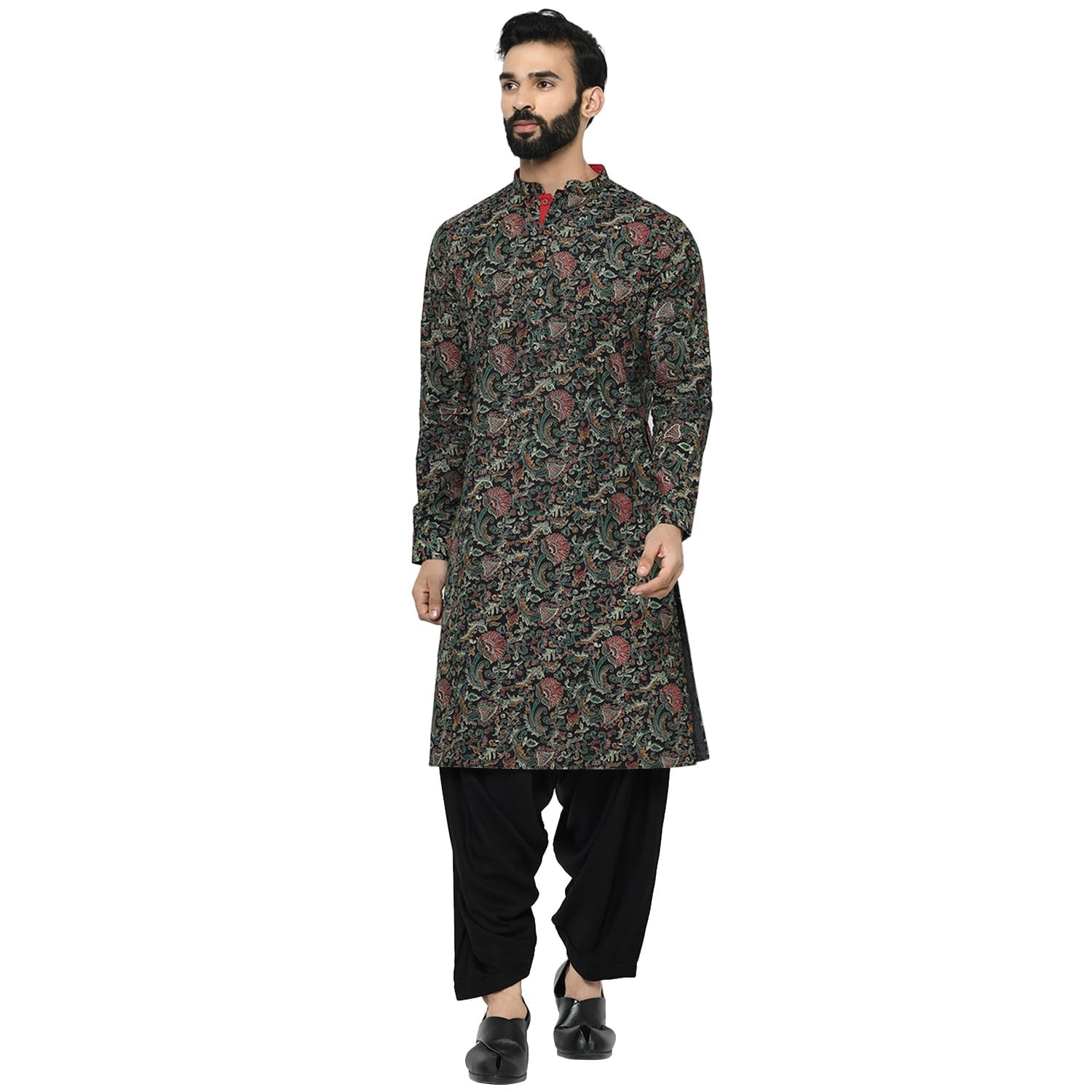 Kisah Men Black Green Ethnic Motifs Embroidered Kurta With Pyjamas, Full Sleaves, Knee Length, Straight, Regular Fit, Mandarin Collar Ethnic Wear