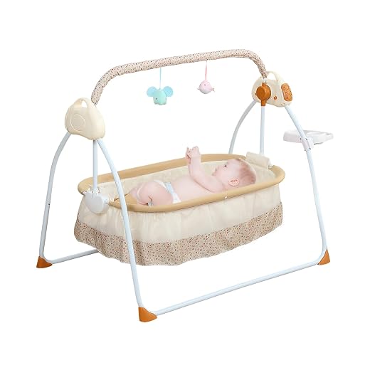 Kathring Foldable Baby Cradle Swing, Bluetooth Electric Auto-Swing Baby Cradle Crib, Adjustable 5 Speed Infant Rocking Chair Bed with Remote Control for 0-18 Months Newborn