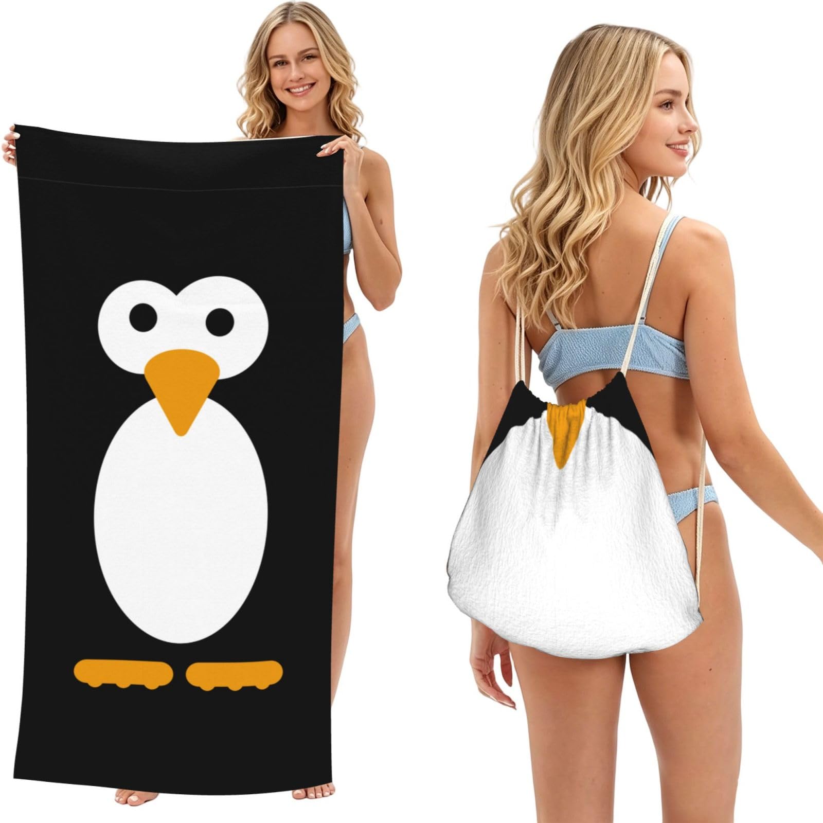 SATUSA Cute Penguin Print 2-In-1 Foldable Beach Towel Backpack â€“ Camping, Yoga And Travel,Bath Towel With Built-In Storage, Convertible Beach Mat & Carry Bag