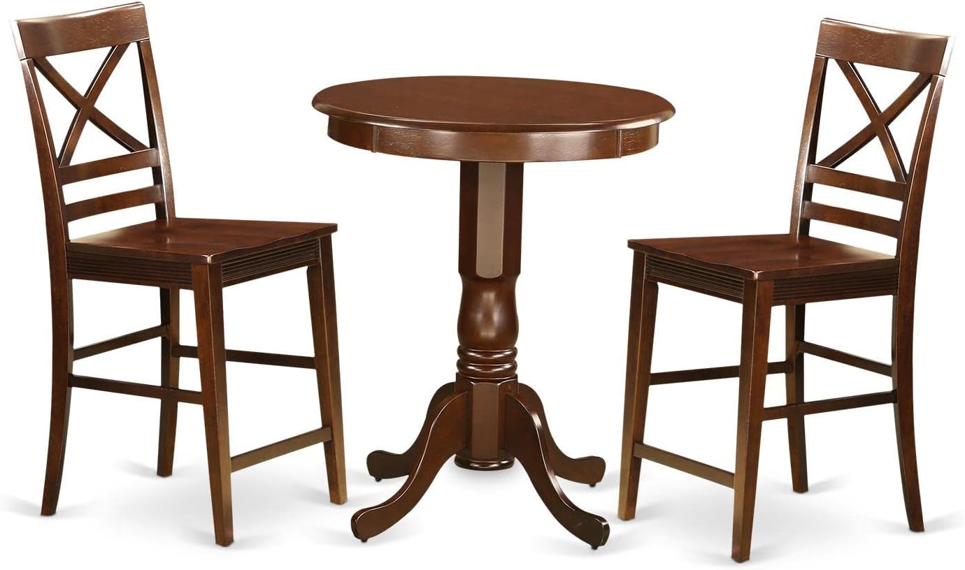 East West Furniture EDQU3-MAH-W – Juego de comedor de 3 piezas de altura de mostrador para espacios pequeños, contiene una mesa de comedor redonda