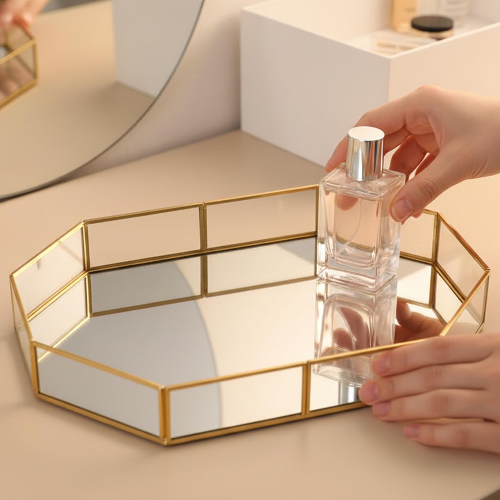 Gold Mirror Tray, 12.4x8.5x2" Glass Vanity Tray with Geometric Edge, Dresser Trays for Bedroom & Bathroom Counter