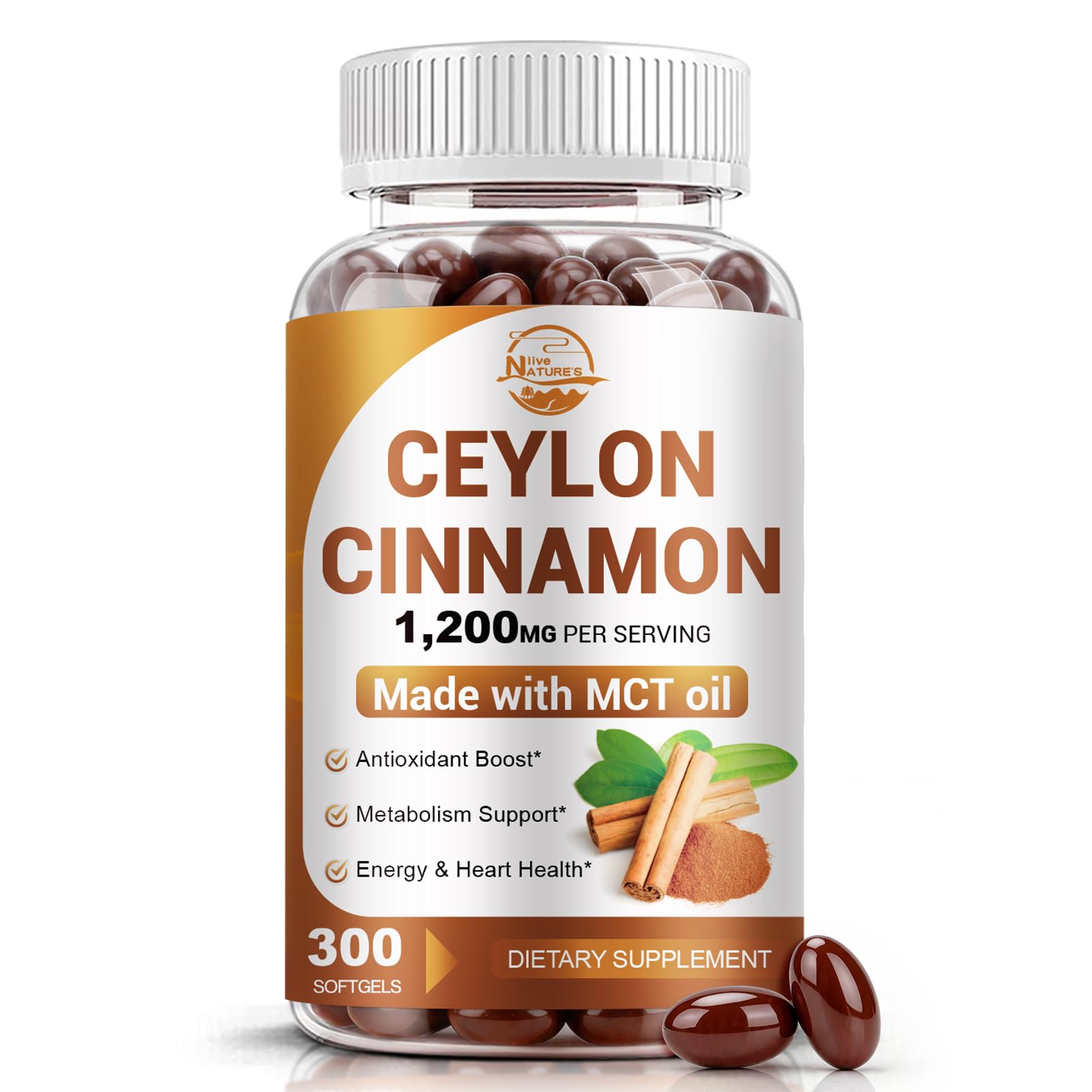 Nature's live Ceylon Cinnamon Supplement with MCT Oil, 300 Softgels 300 Count (Pack of 1)