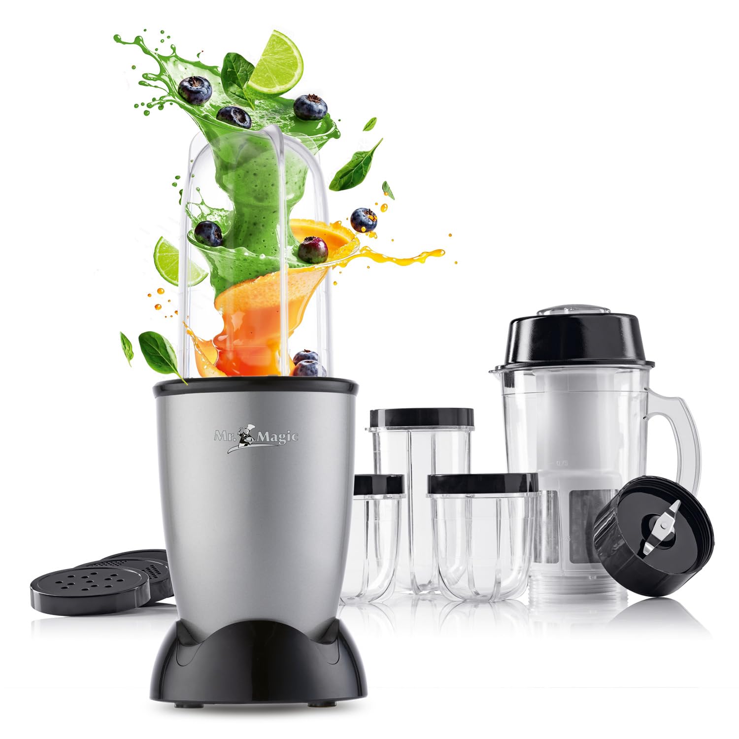 GOURMETmaxx Mr. Magic Mixer | Smoothie Maker z zestawem akcesoriów XXL | mikser stojący 18-częściowy | blender z pokrywkami utrzymującymi świeżość | Procesor do shake'ów, smoothies itp.