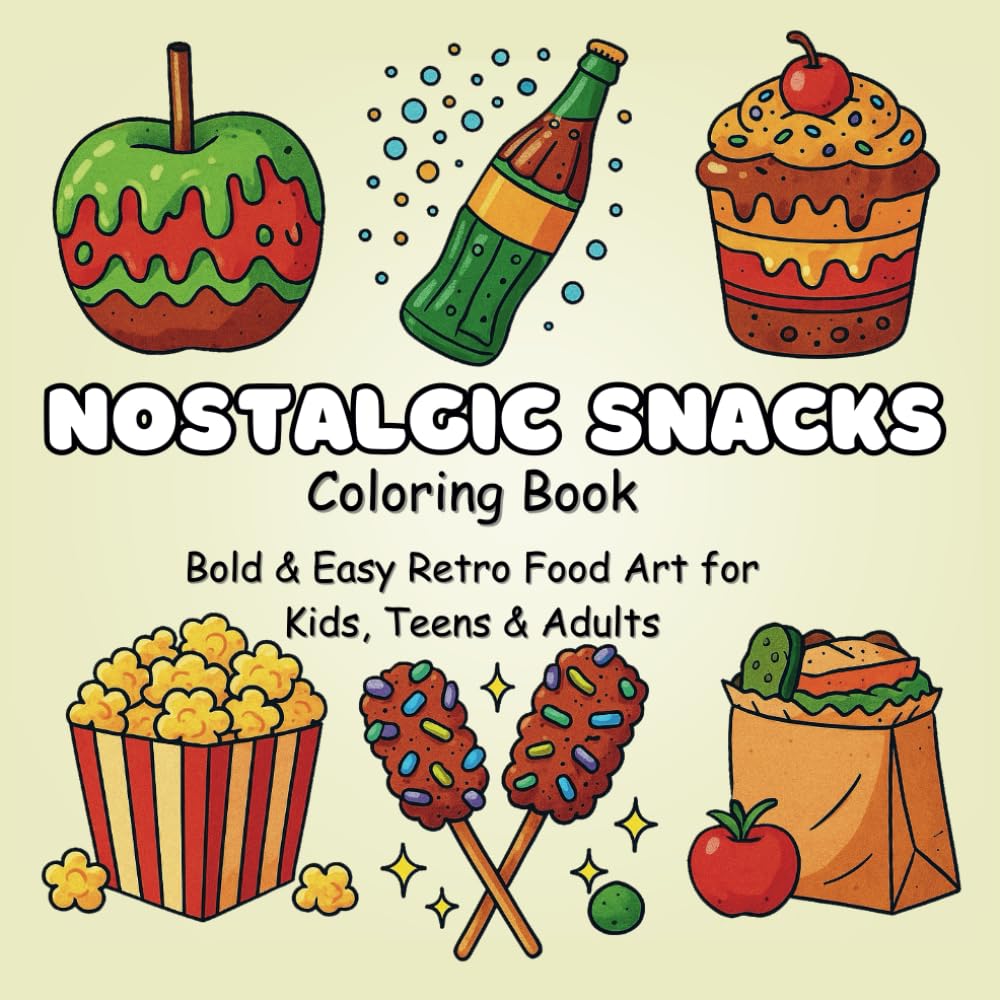 Nostalgic Snacks Coloring Book: Bold & Easy Retro Food Art for Kids, Teens & Adults – Simple Stress-Relief Illustrations of Vintage Candy, 90s Treats & Drinks with Large Relaxing Designs
